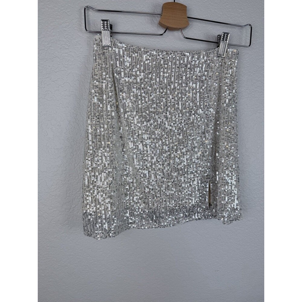 Francesca's Miami Women's Sequin Party Mini Skirt  Tan Leg Slit Small